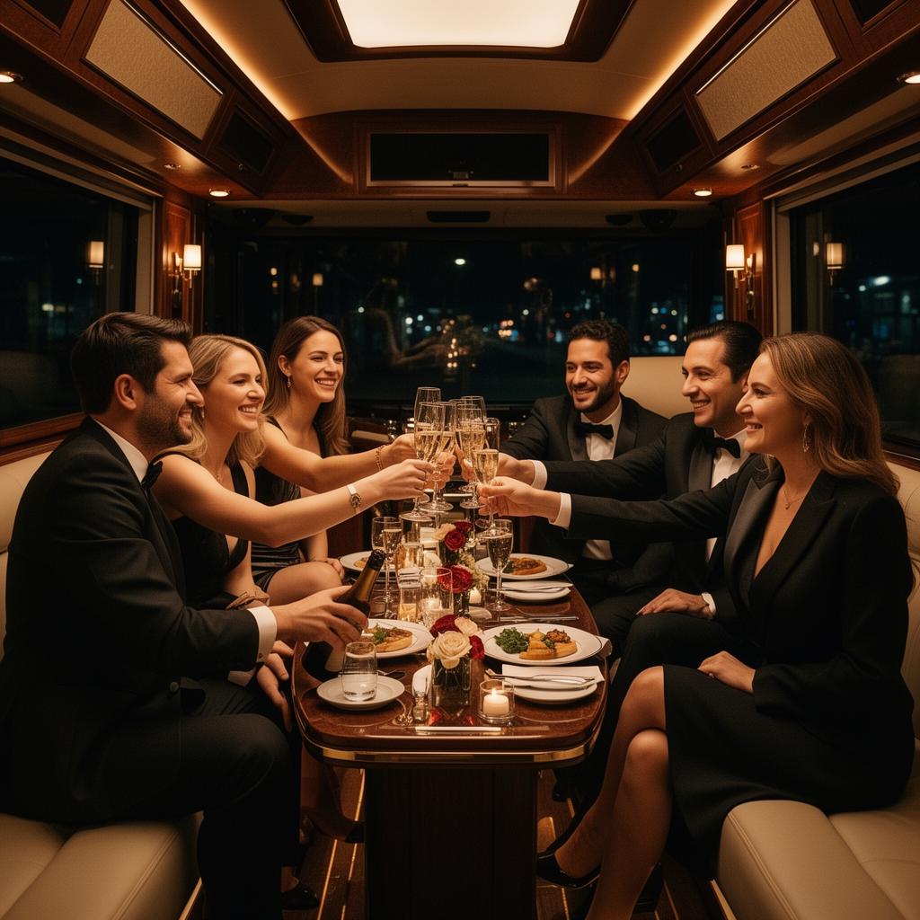 Guests toasting champagne in motor coach